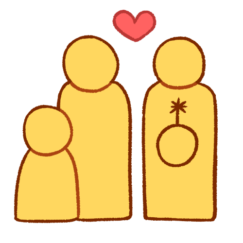 A drawing of three generic emoji yellow people, with two tall ones and one short one. The short person is standing very close to one of the tall ones and is on the left side, and there is a small space between the two tall people with a heart above them. The tall person on the right has a large nonbinary symbol on their torso.